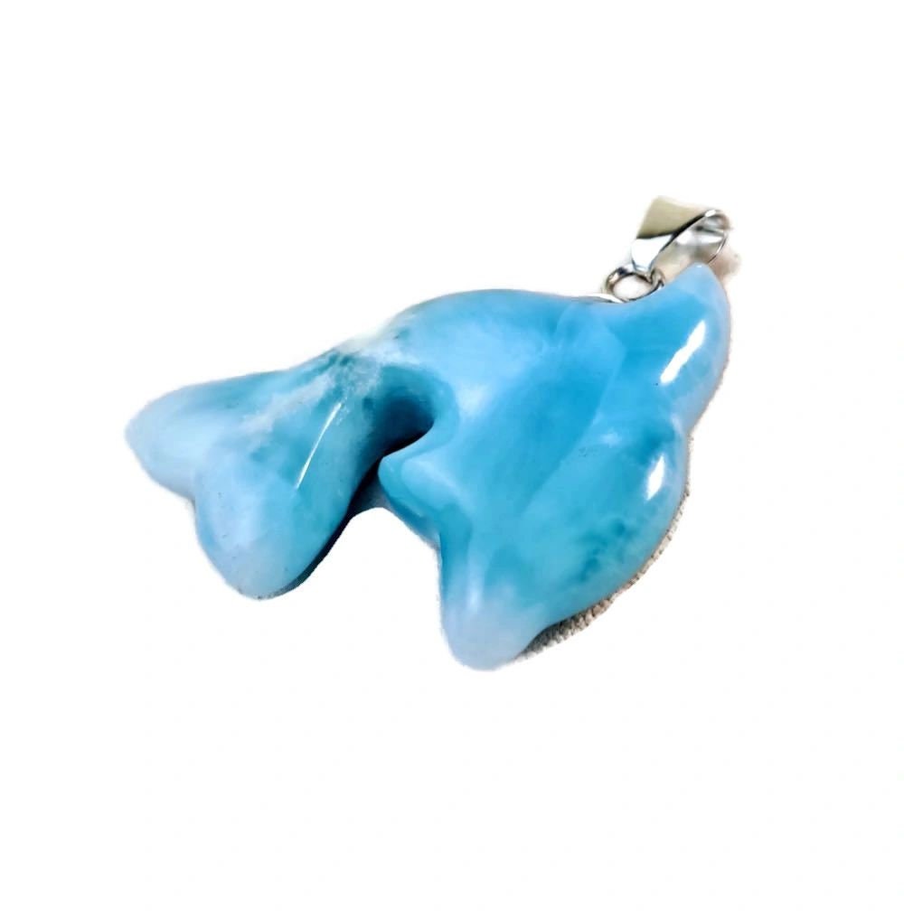 Carved Dolphin Dominican Nice Sky Blue Larimar Stone Pendant Handmade