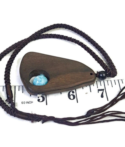 Unique Carved Ebony Wood W/ Blue Larimar Stone Necklace Handcrafted