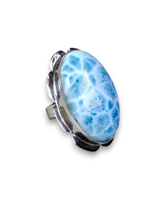 Solid Sterling Silver Big Dominican Deep Blue Larimar Stone Handmade Ring