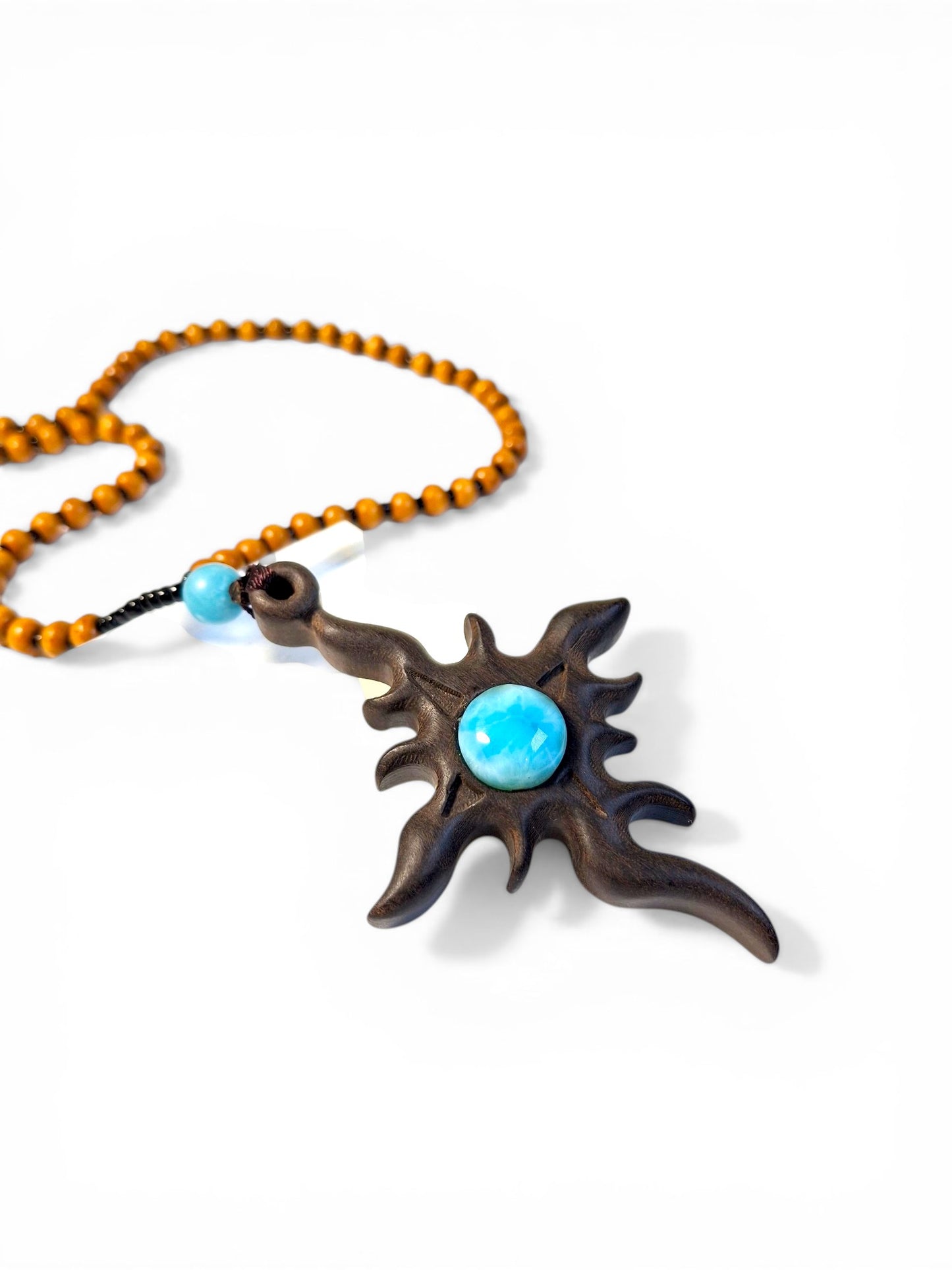 Handcrafted Wooden Sun Cross Pendant Necklace with Dominican Larimar Stone