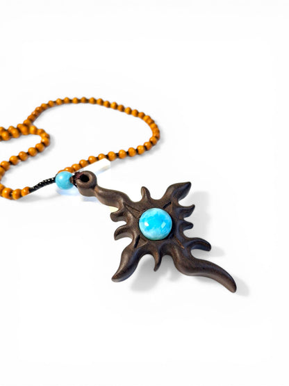 Handcrafted Wooden Sun Cross Pendant Necklace with Dominican Larimar Stone