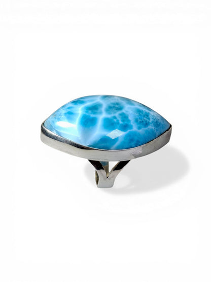 Solid Sterling Silver Big Dominican Deep Blue Larimar Stone Handmade Ring