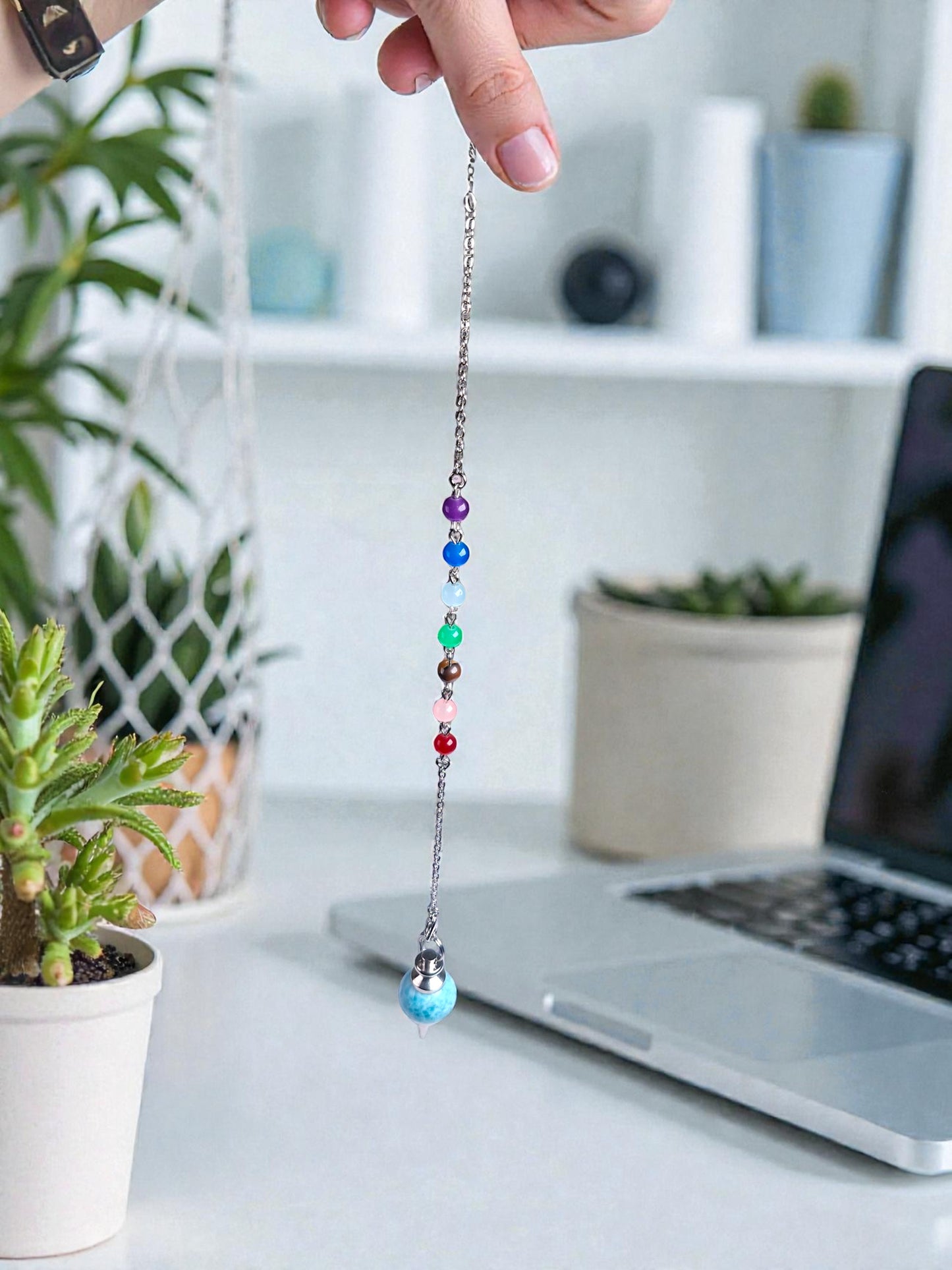 Dominican Nice Blue Larimar Stone Pendulum Necklace 7 chakras