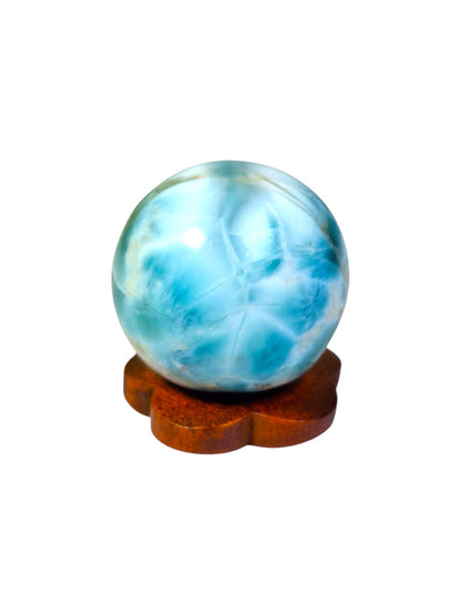 28 mm Larimar Polished Sphere Ball Dominican Blue Crystal Healing Meditation Wood Display
