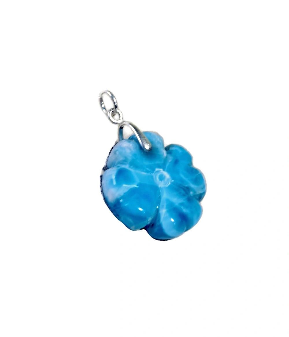 Carved Clover Dominican Nice Deep Blue Larimar Stone Pendant Handmade