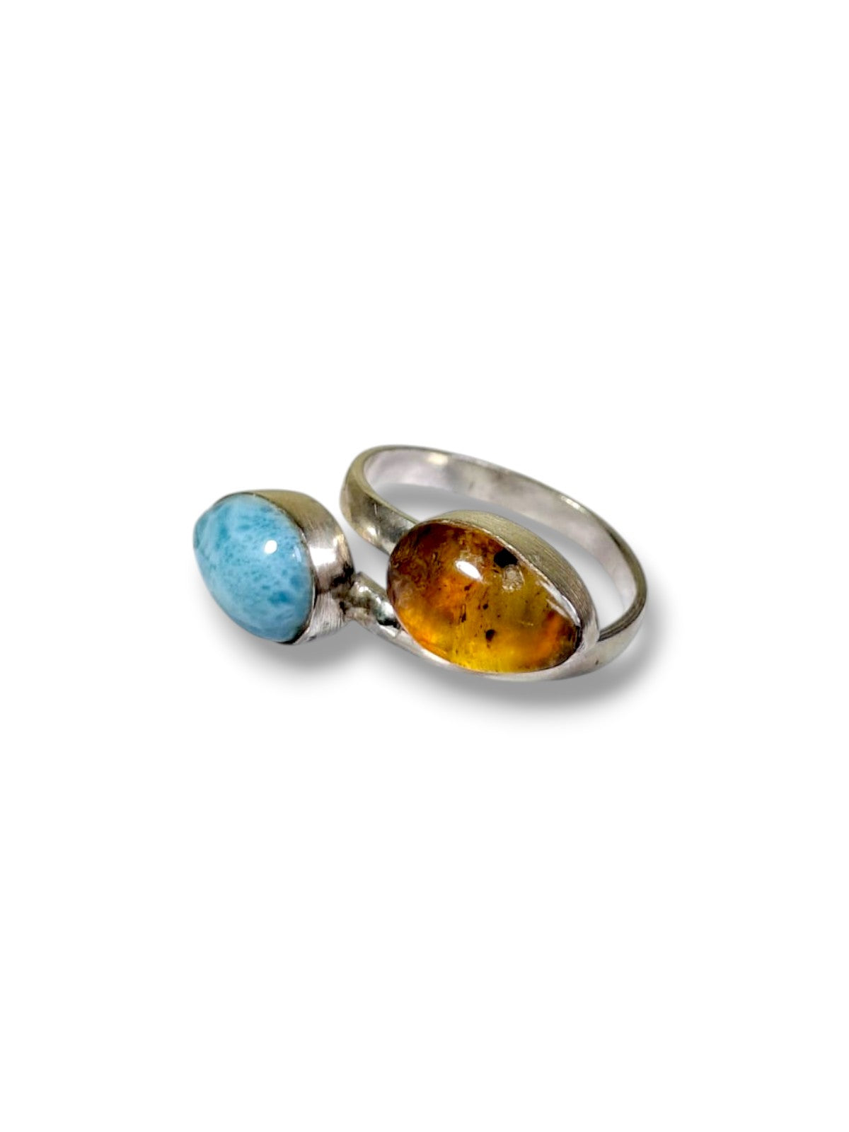 Larimar Amber Ring 925 Sterling Silver Bypass Open Dominican Dual Stone Adjustable