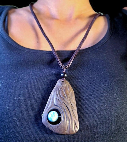 Unique Carved Ebony Wood W/ Blue Larimar Stone Necklace Handcrafted