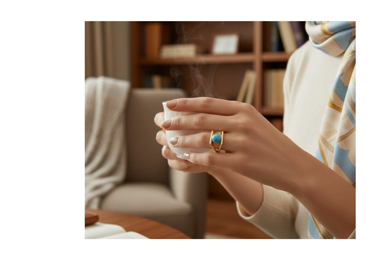 Stainless Steel w/ Gold Plate Dominican Blue Larimar Stone Ring