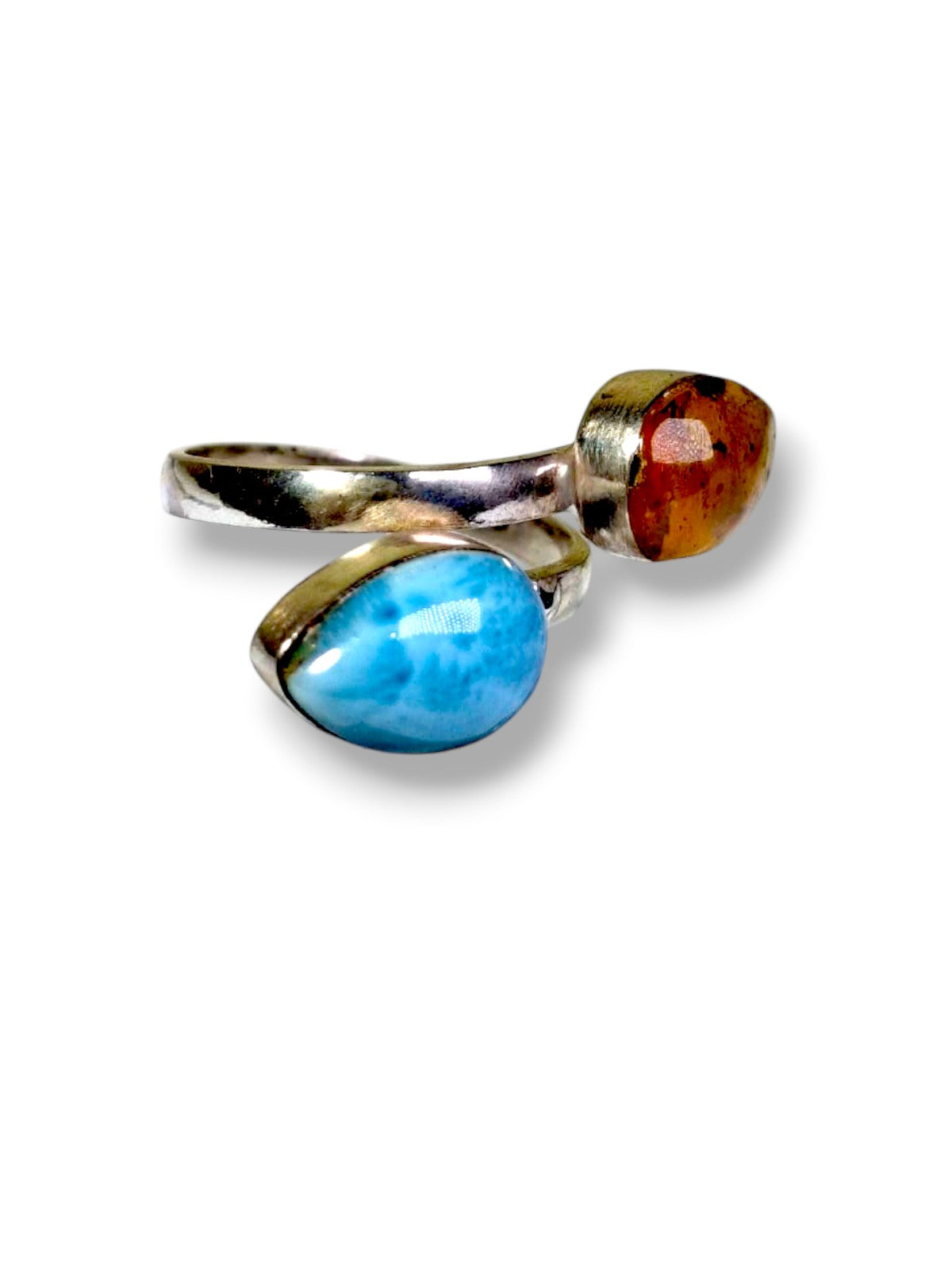 Larimar Amber Ring 925 Sterling Silver Bypass Open Dominican Dual Stone Adjustable