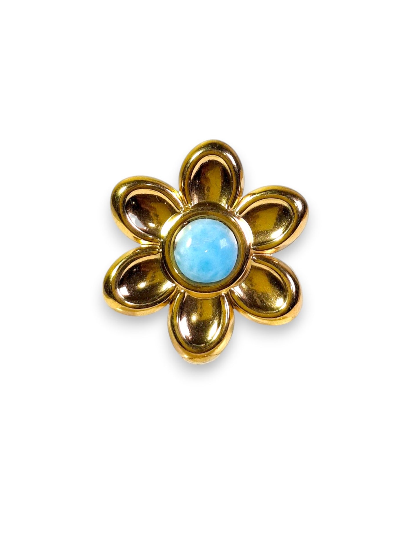 Stainless Steel w/ Gold Plate Flower Dominican Blue Larimar Stone Ring