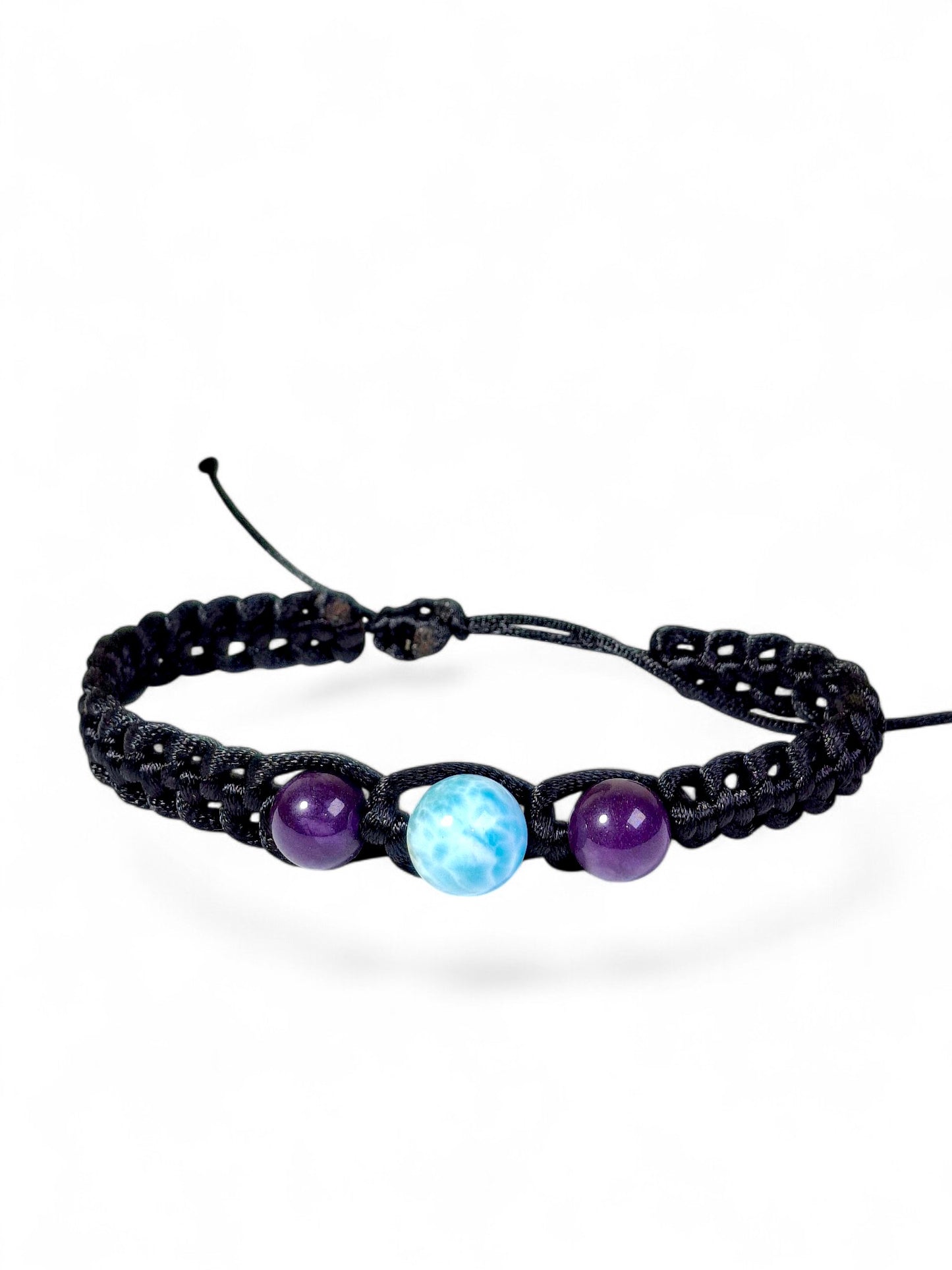 Nice Blue Larimar w/ Amethyst Stones Nylon Cord Handmade Bracelet Men / Women