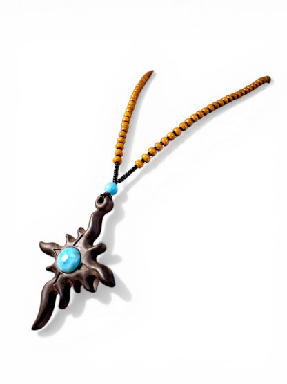 Handcrafted Wooden Sun Cross Pendant Necklace with Dominican Larimar Stone