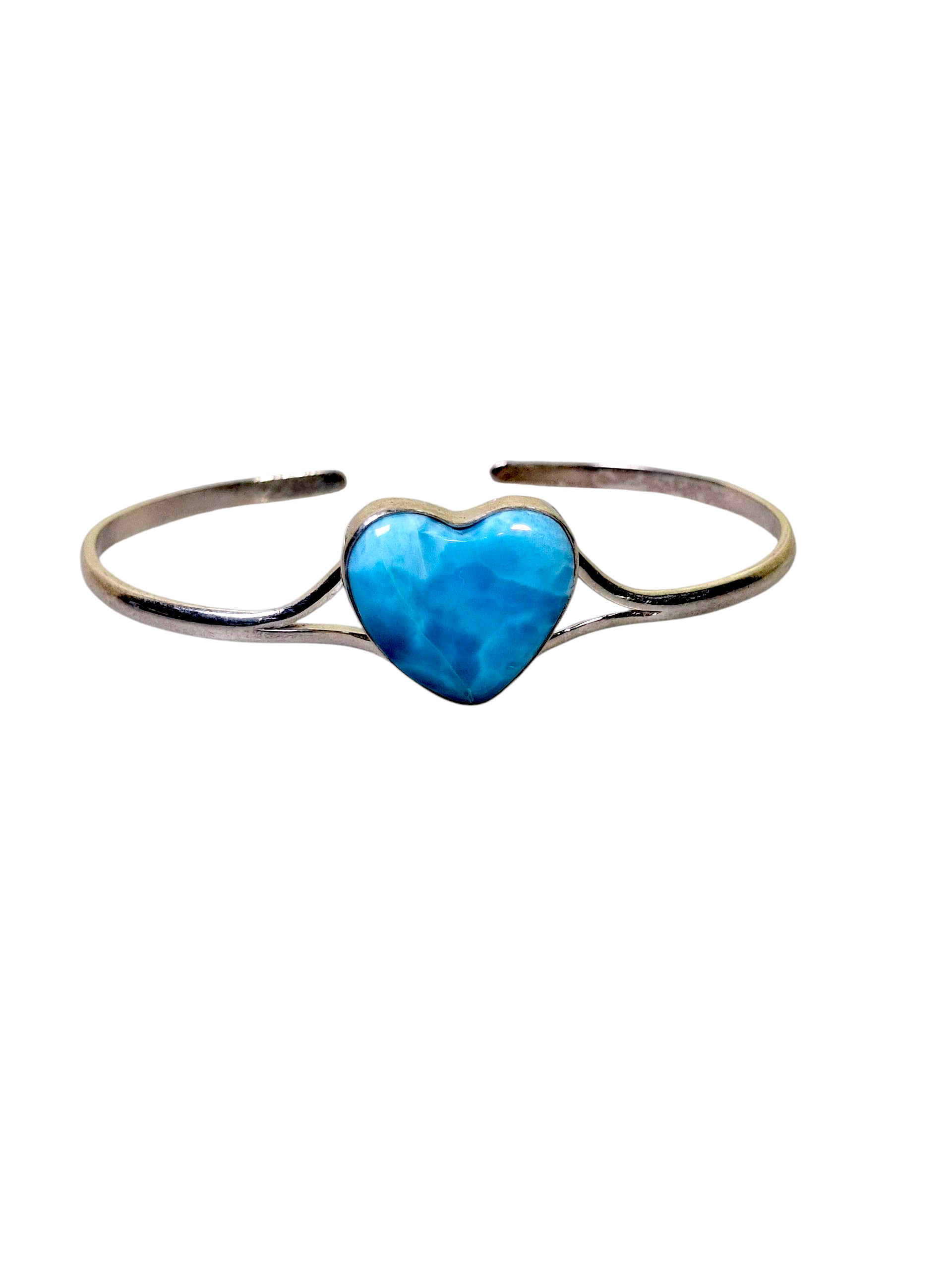 Sterling Silver Dominican Heart Blue Larimar Stone Handmade Cuff Bracelet