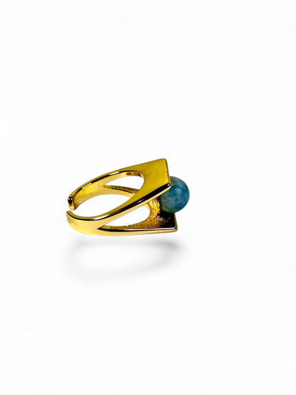 Stainless Steel w/ Gold Plate Dominican Blue Larimar Stone Ring