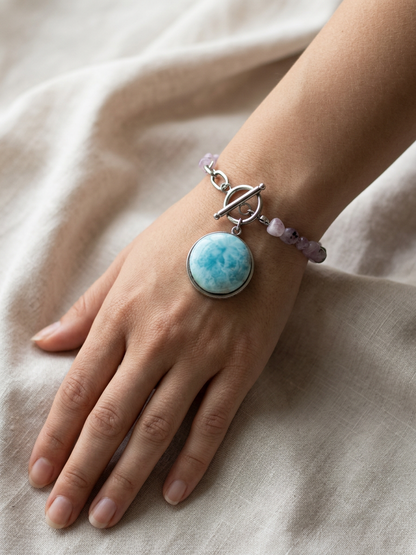 Larimar Amethyst Bracelet Stainless Steel Chain Toggle Clasp Dominican Gemstone