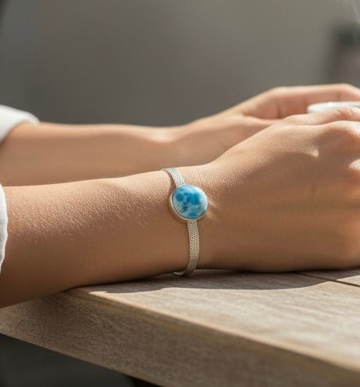 Sterling Silver Dominican Nice Blue Larimar Stone Handmade Bracelet