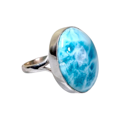 Big Solid Sterling Silver Dominican Deep Blue Larimar Stone Handmade Ring