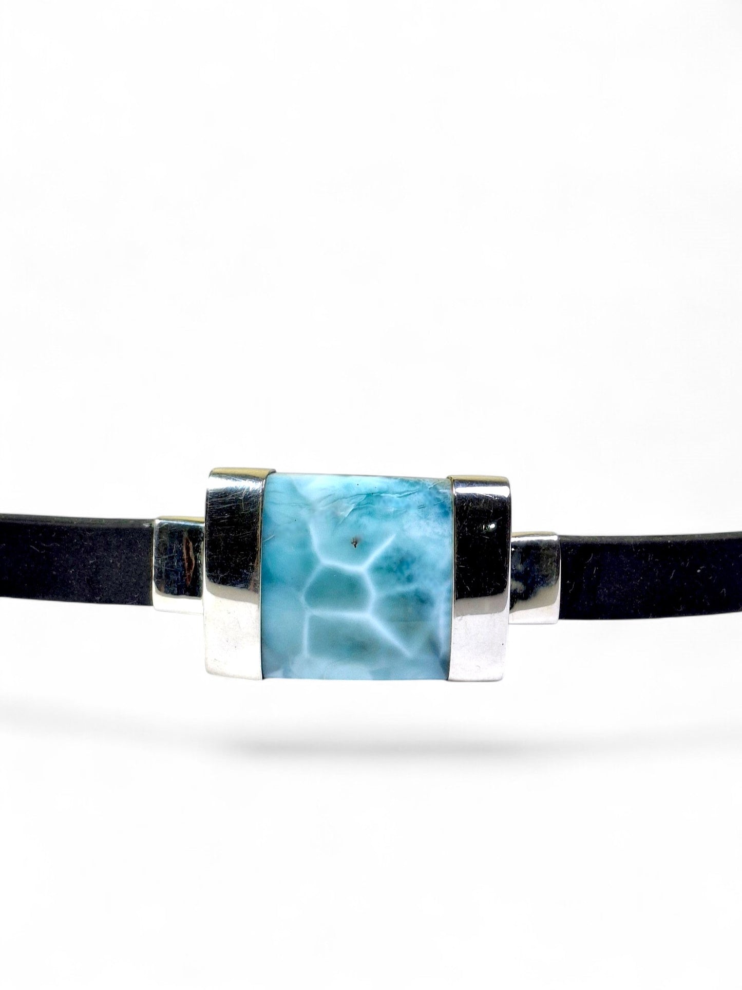 Solid .925 Nice Blue Larimar Stone Leather Handmade Bracelet Men / Women