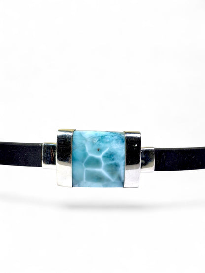 Solid .925 Nice Blue Larimar Stone Leather Handmade Bracelet Men / Women