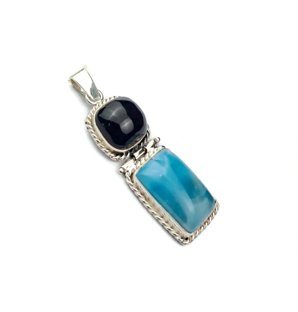 2"in. Dominican Nice Blue Larimar/ Black Coral Stones Pendant Handmade