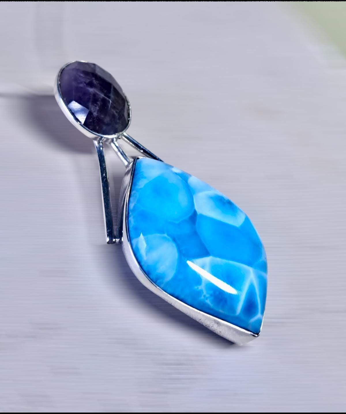 2.6 "in. Beautiful Nice Blue Larimar / Faceted Amethyst Stones Pendant Handmade