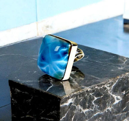 Solid Sterling Silver Dominican Blue Larimar Stone Handmade Ring