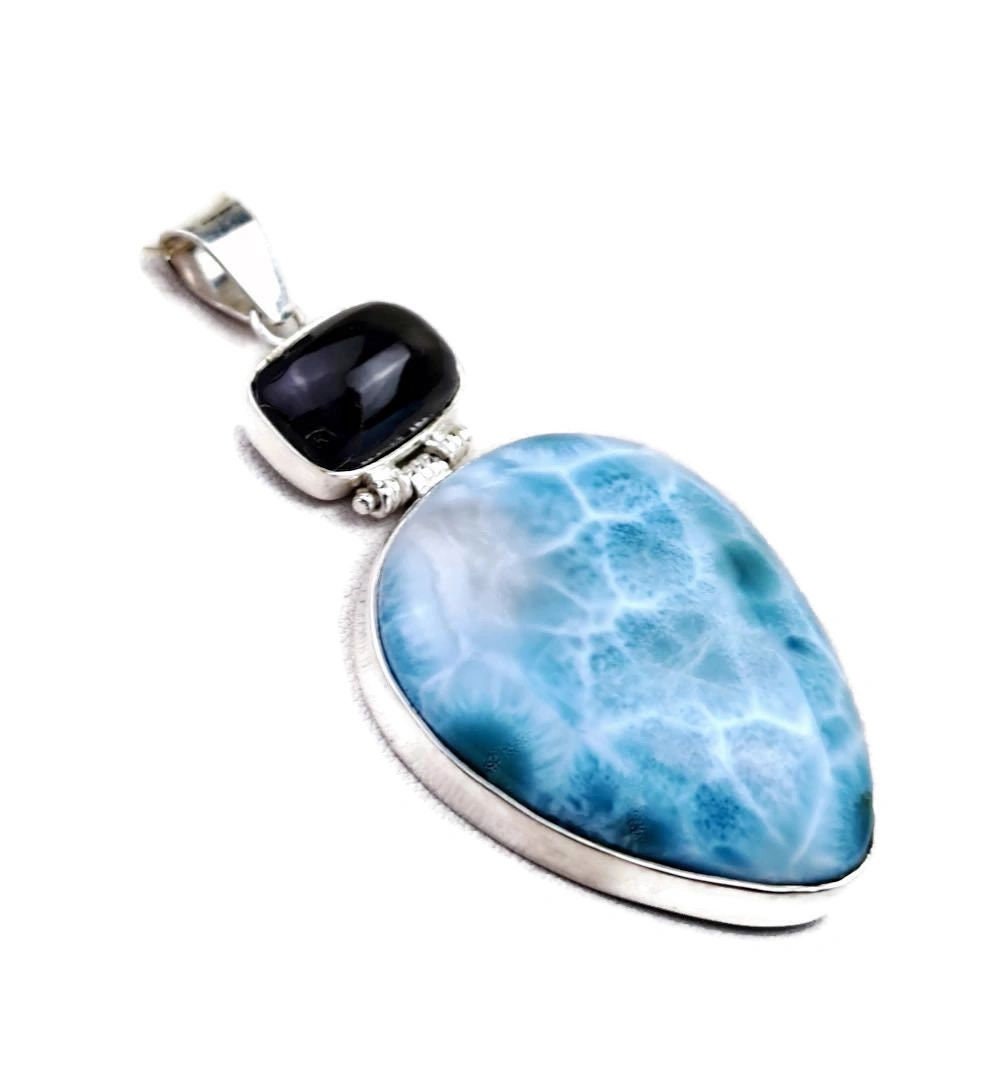 2.9 "in. Big Dominican Nice Blue Larimar / Black coral Stones Pendant Handmade
