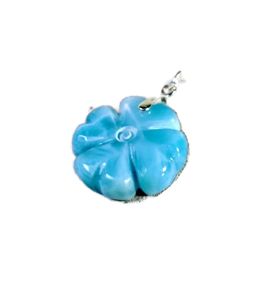 Carved Clover Dominican Nice Deep Blue Larimar Stone Pendant Handmade