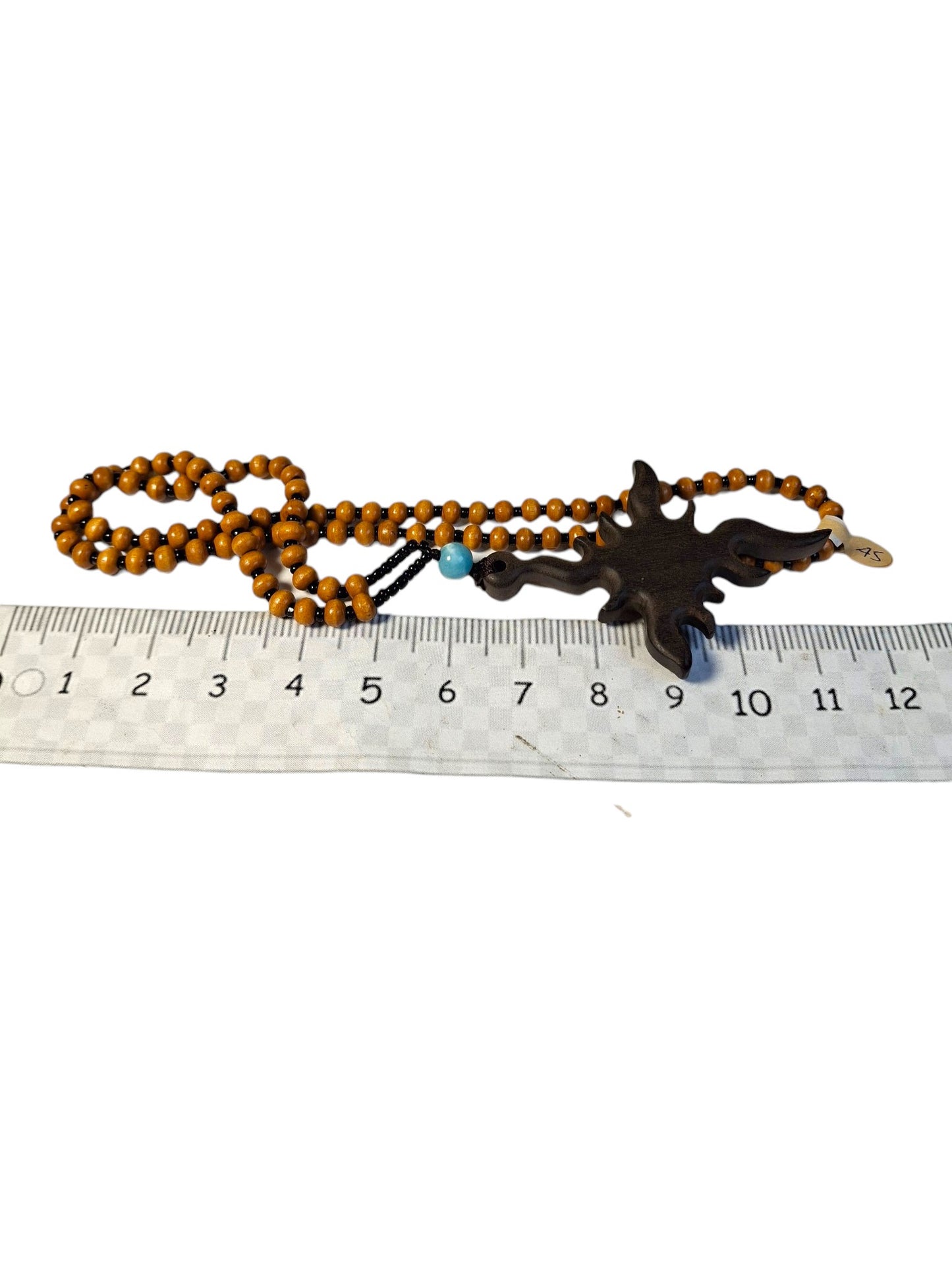 Handcrafted Wooden Sun Cross Pendant Necklace with Dominican Larimar Stone