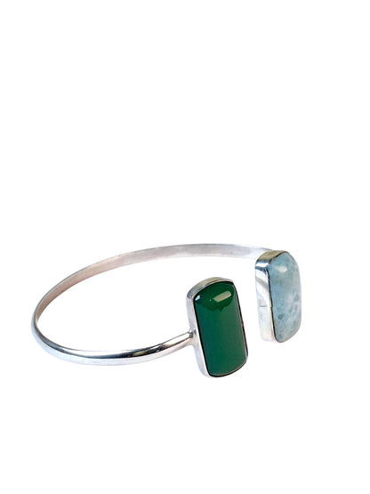 Sterling Silver Dominican Blue Larimar W/ Green Jade Stones Handmade Cuff Brac