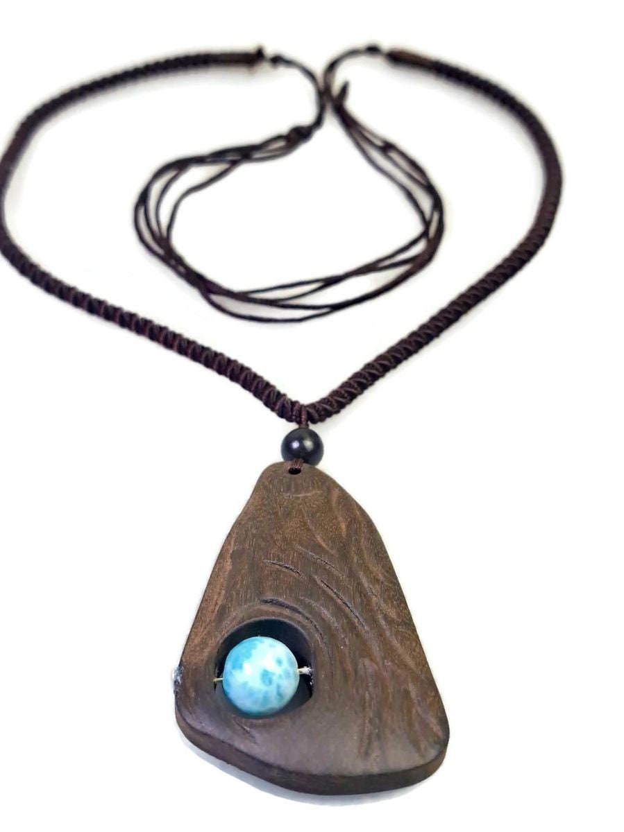 Unique Carved Ebony Wood W/ Blue Larimar Stone Necklace Handcrafted
