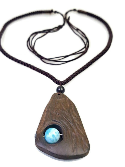 Unique Carved Ebony Wood W/ Blue Larimar Stone Necklace Handcrafted