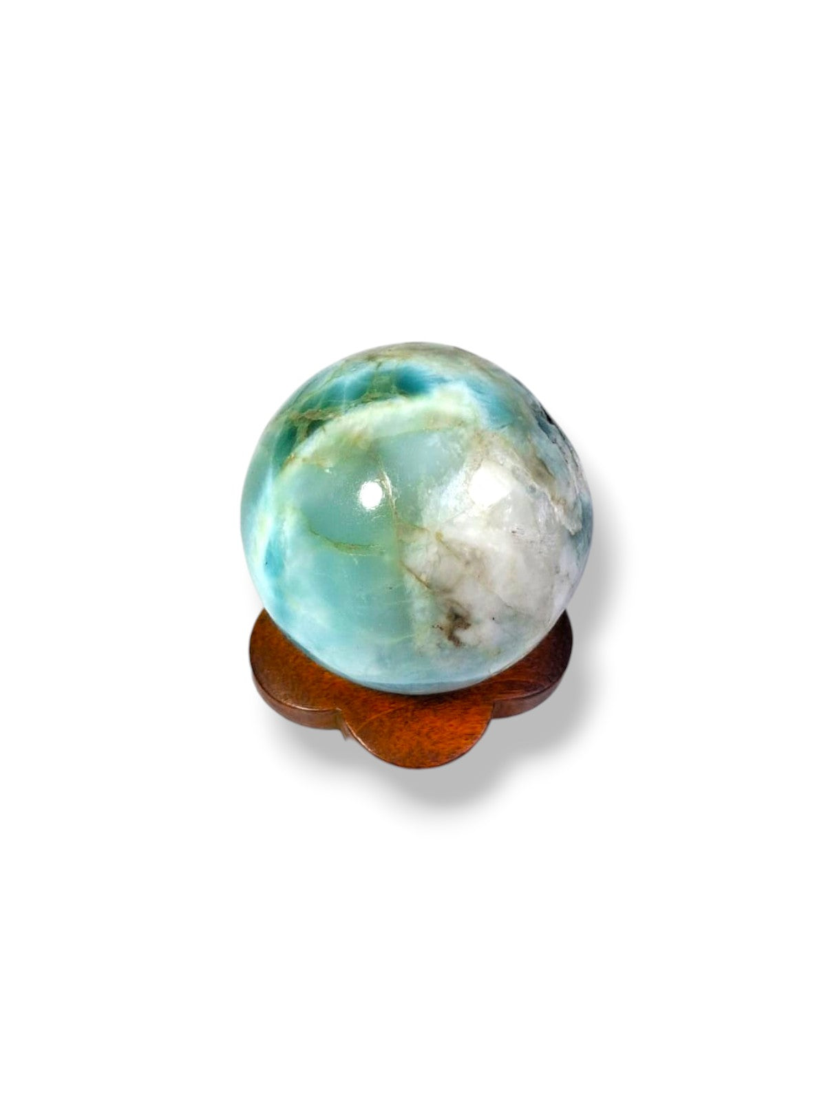 28 mm Larimar Polished Sphere Ball Dominican Blue Crystal Healing Meditation Wood Display