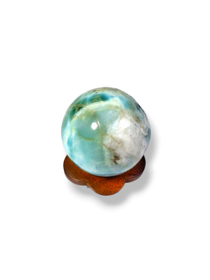 28 mm Larimar Polished Sphere Ball Dominican Blue Crystal Healing Meditation Wood Display