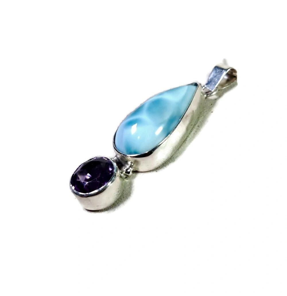 2, "in. Dominican Nice Blue Larimar w/ Amethyst Stones Pendant Handmade