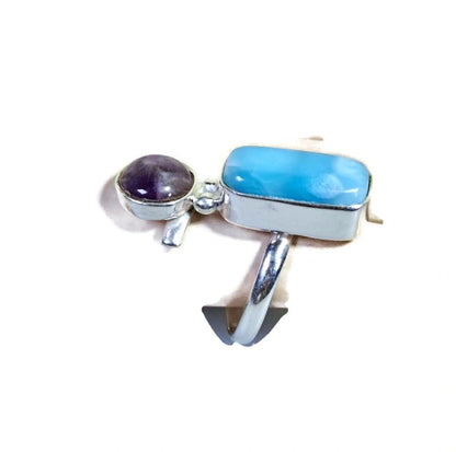 Solid Sterling Silver Deep Blue Larimar W/ Amethyst Stone Ring