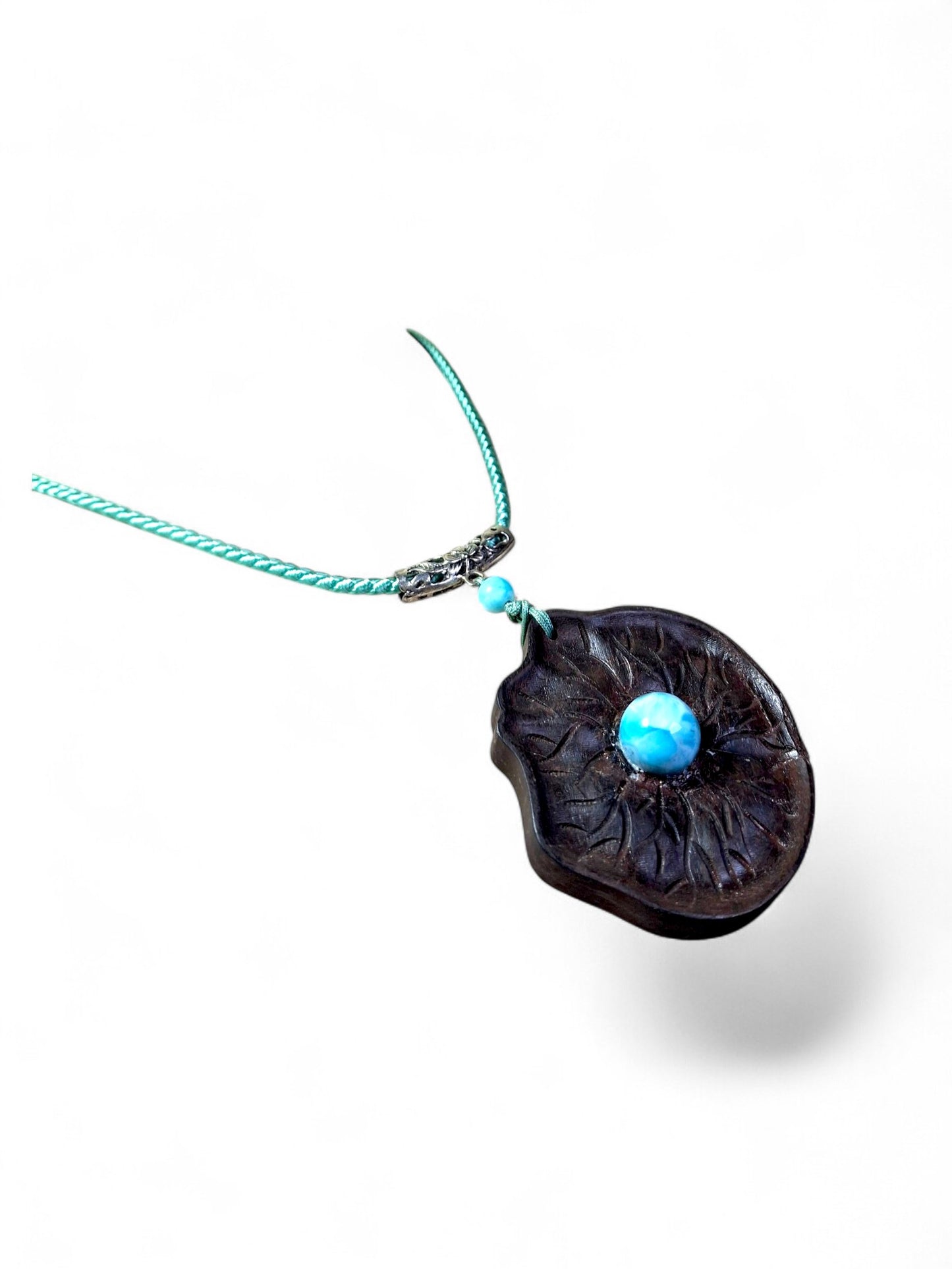 Unique Leaf Carved Ebony Wood W/ Blue Larimar Stone Necklace Handcrafted