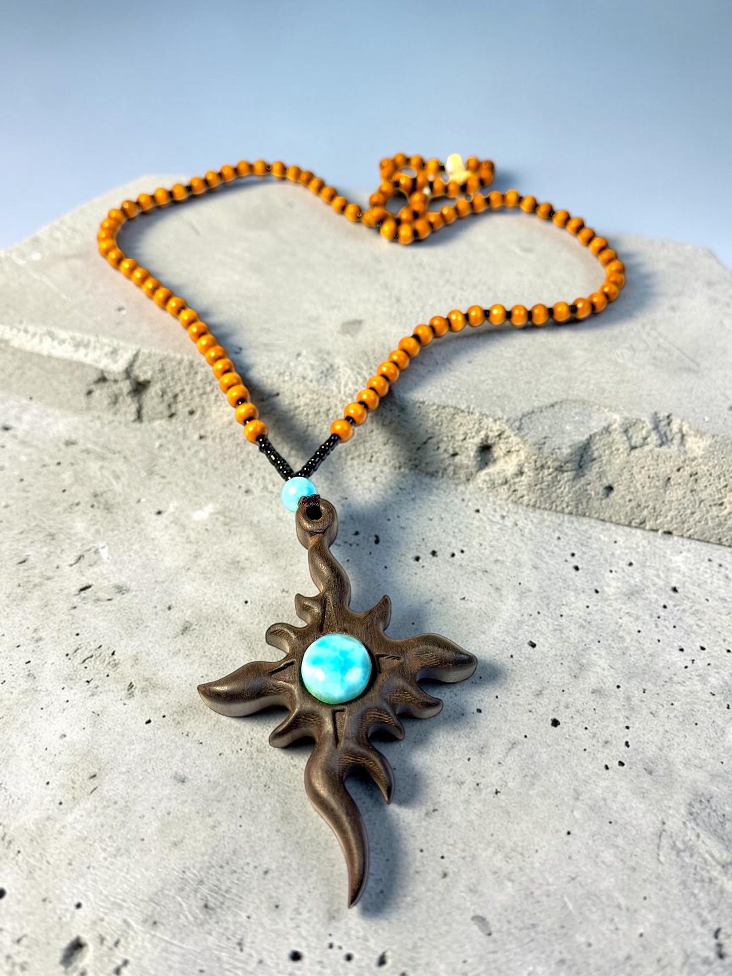 Handcrafted Wooden Sun Cross Pendant Necklace with Dominican Larimar Stone