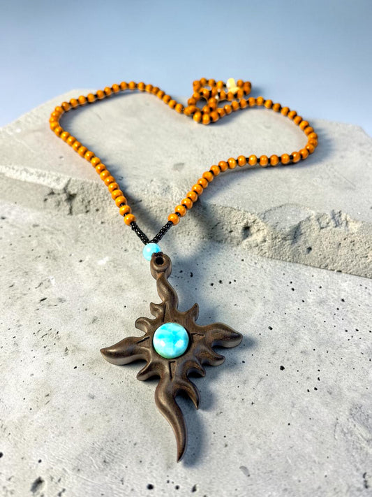 Handcrafted Wooden Sun Cross Pendant Necklace with Dominican Larimar Stone
