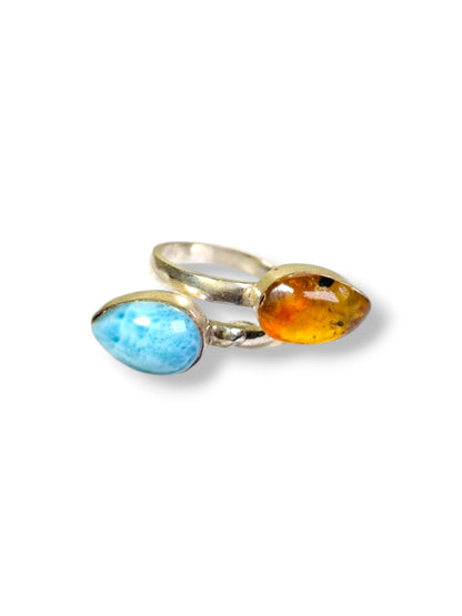 Larimar Amber Ring 925 Sterling Silver Bypass Open Dominican Dual Stone Adjustable