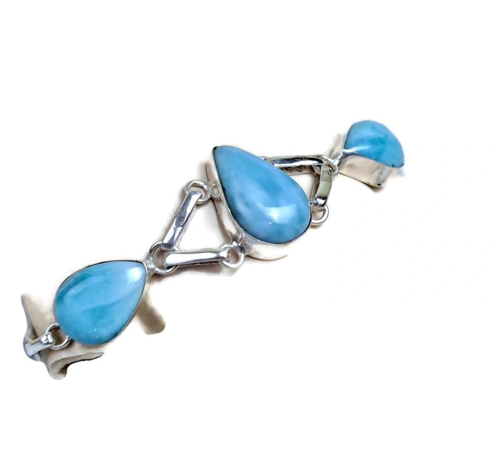 Sterling Silver Dominican Nice Blue Larimar Stone Handmade Cuff Bracelet