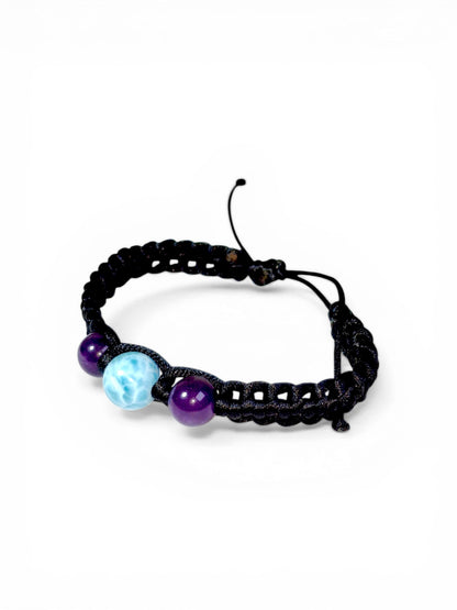 Nice Blue Larimar w/ Amethyst Stones Nylon Cord Handmade Bracelet Men / Women