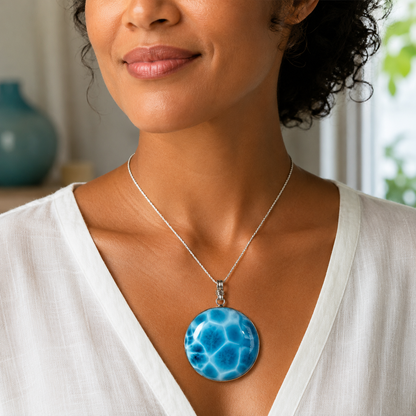 TOP Natural Larimar Pendant 925 Silver Big  Dominican Deep Blue Gemstone