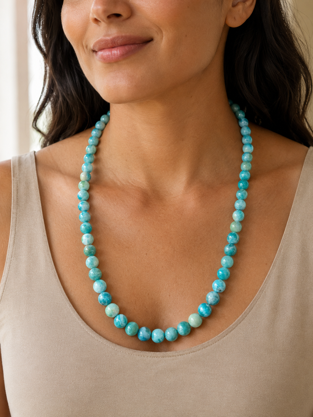 22 " Dominican Nice Blue Larimar Stone  sphere Necklace Handcrafted