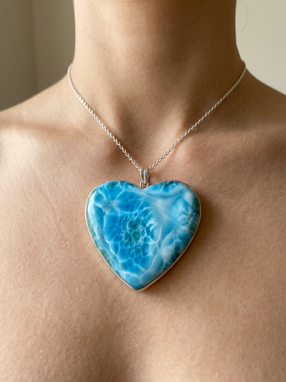 HUGE Heart Natural Larimar Pendant 925 Silver  Cabochon Dominican Blue Gemstone
