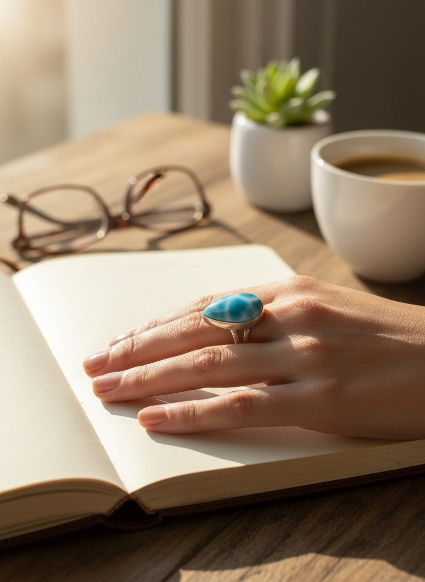 Anillo hecho a mano de plata de ley maciza con piedra larimar azul dominicana