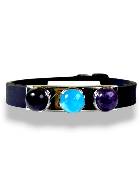 Larimar Bracelet Obsidian Amethyst Stainless Steel Rubber Band Unisex Dominican