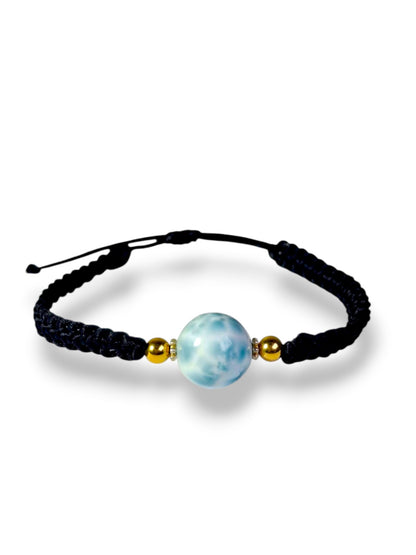 Natural Larimar  Bracelet Adjustable Macrame Woven Black Dominican Blue Gemstone Boho