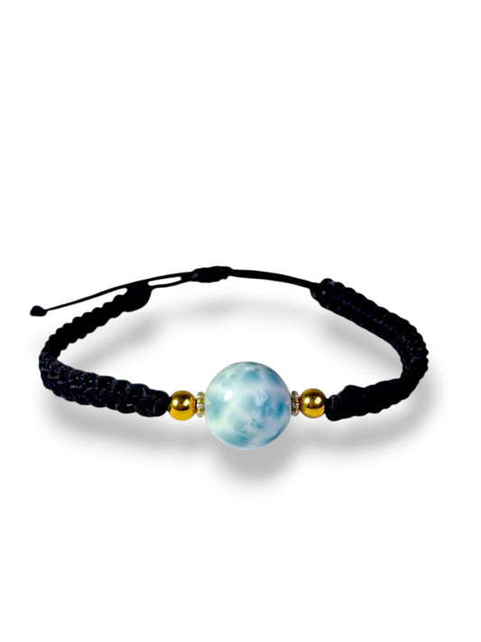 Bracelet réglable en macramé tissé noir Larimar naturel Gemme bleue de République dominicaine Style bohème