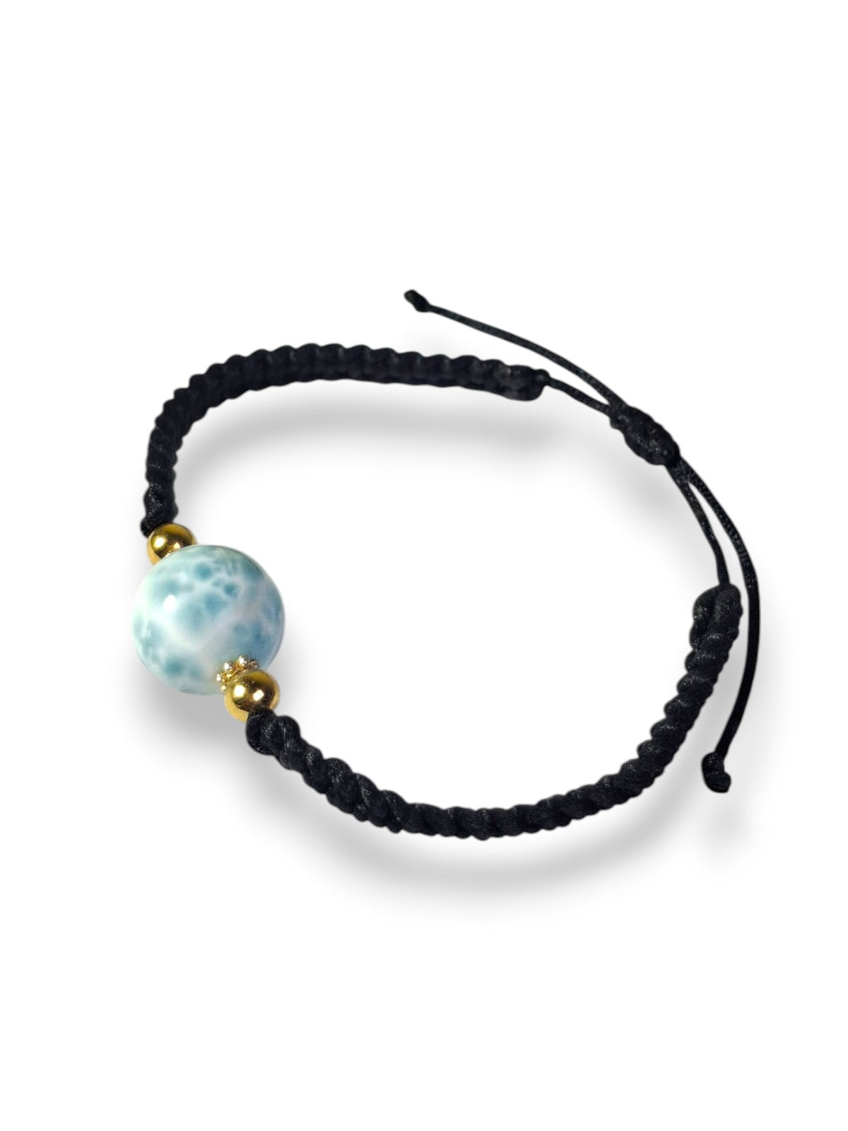 Natural Larimar  Bracelet Adjustable Macrame Woven Black Dominican Blue Gemstone Boho